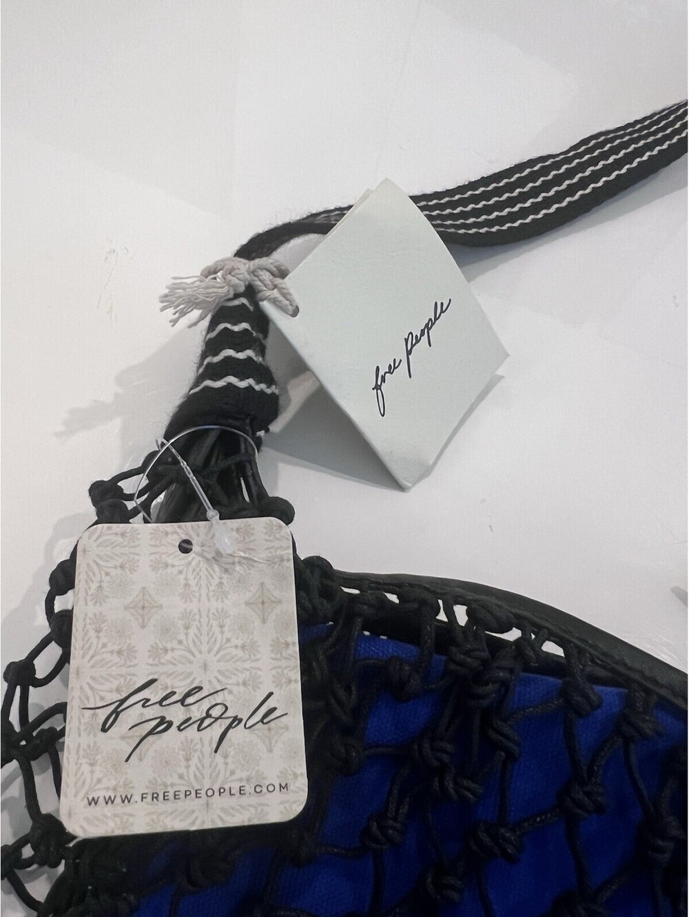 $98 Free People Silver Springs Sling Bag Black Blue  Crochet Mini Crossbody NEW - Picture 10 of 14